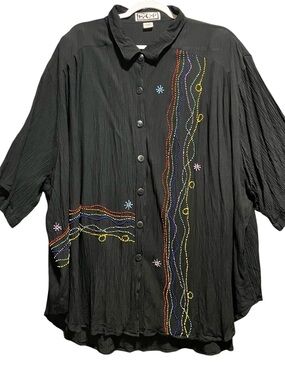 B.O.P Black Button-Up Blouse | Colorful Beaded Artistic Artisan Rayon | Size 5X